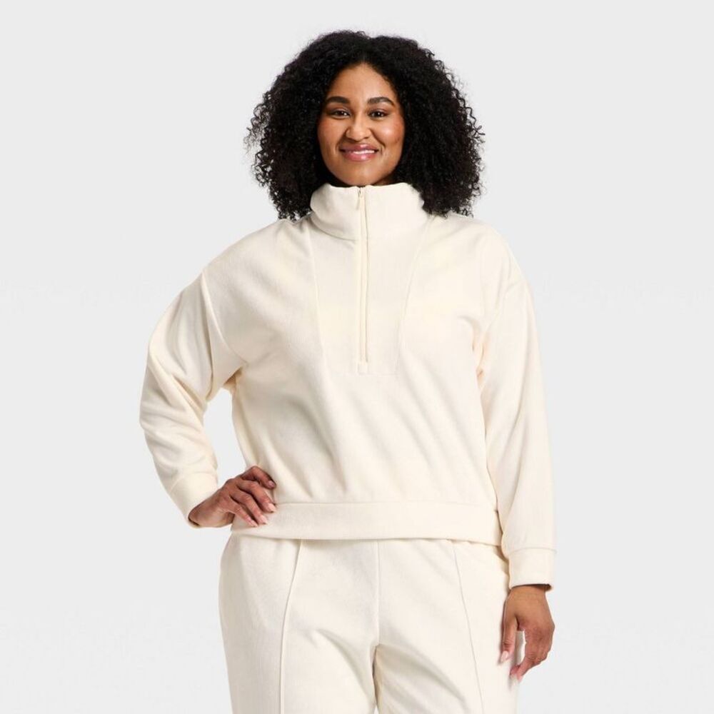 Women's Velour Ribbed 1/2 Zip Sweatshirt - All In Motion Cream L